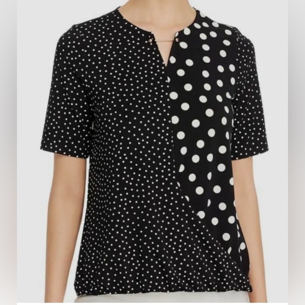 Tahari Women's Black Polka Dot Elbow Sleeves Crewneck Blouse Top Size Large